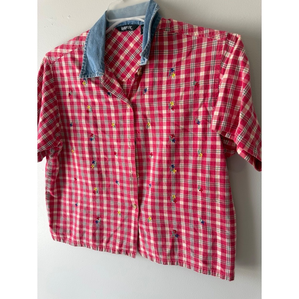 Krazy Kat Vintage Plaid Embroidered Floral Button Up Shirt Denim Collar Red L - Picture 2 of 8
